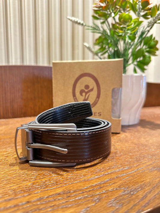 Men’s Double Sided Leather Belt-BLACK-BROWN-Lining Design-Rotatable Buckle-100% LEATHER