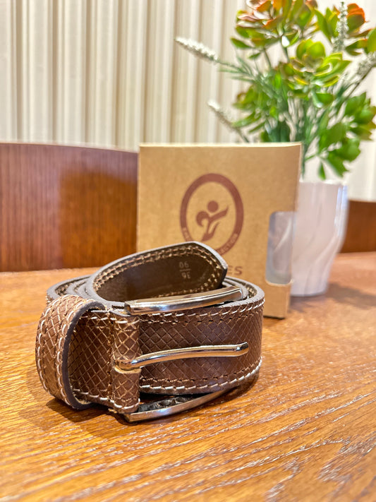 Men’s Single Sided Casual Leather Belt-Medium Brown-Pattern With White Thread-100% LEATHER