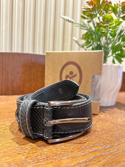Men’s Single Sided Casual Leather Belt-Black-Pattern With White Thread-100% Leather