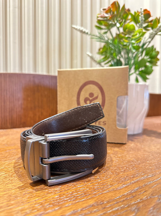 Men’s Double Sided Leather Belt-BLACK-BROWN-Pattern-Rotatable Buckle-100% LEATHER