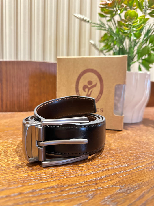 Men’s Double Sided Leather Belt-BLACK-BROWN-Plain-Rotatable Buckle-100% LEATHER